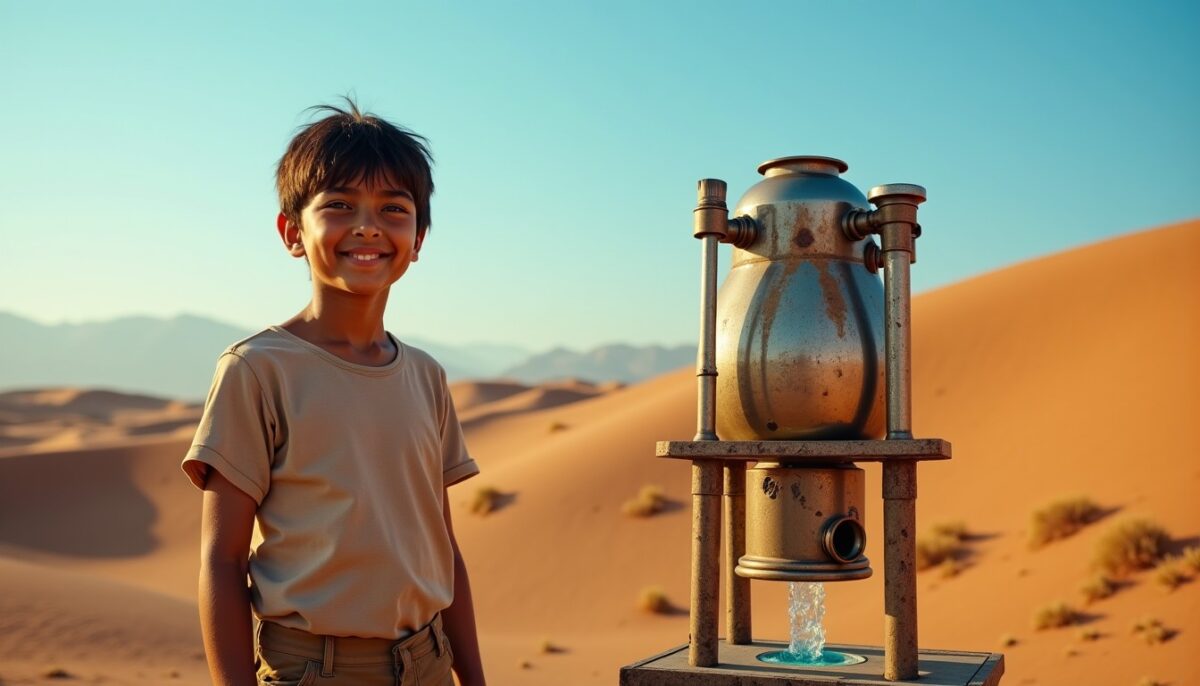À 14 ans, il invente dans la cuisine familiale un appareil révolutionnaire produisant de l’eau au cœur du désert, sans électricité ni pompe